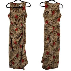 Vintage Tan Leopard‎ Red Lily Print Sleeveless Mock Side Tie Hostess Dress Sz M